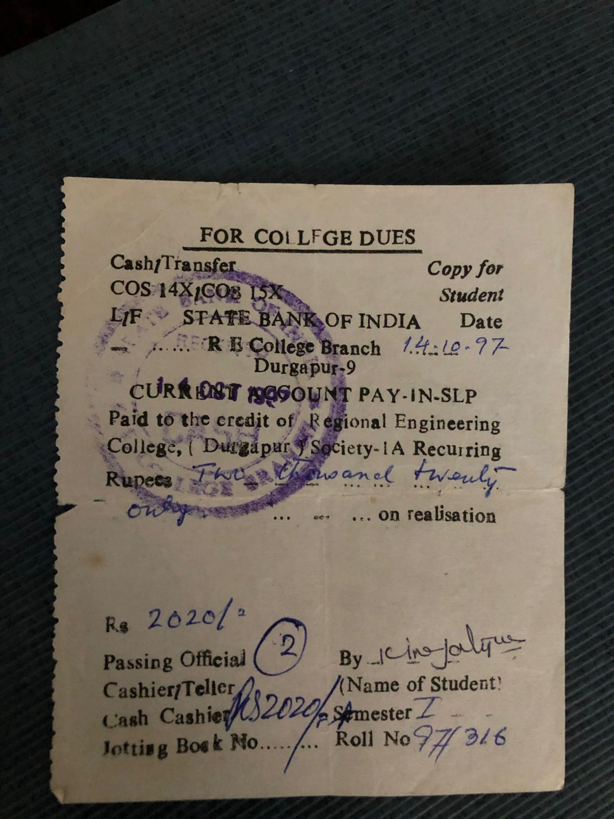 Old State Bank of India college-dues pay-in slip for Regional Engineering College Durgapur, dated 1997, Rs 2020